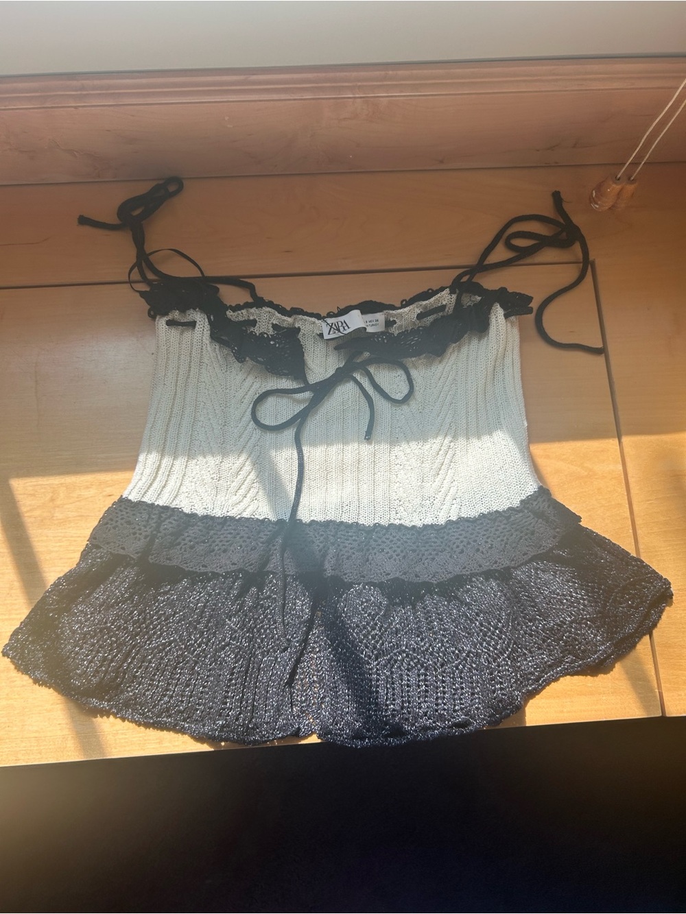 Zara Cream and Black Ribbed Knit Lace-Trim Cami